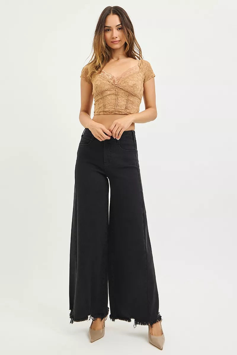 RISEN Tummy Control High Rise Palazzo Leg Frayed Hem Jeans
