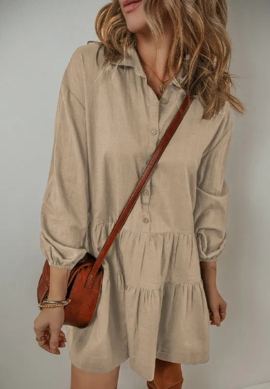 Tiered Collared Neck Balloon Sleeve Dress