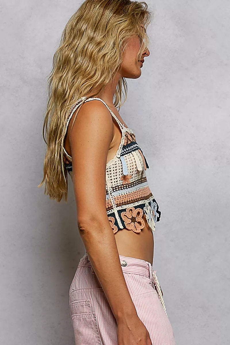 Cutout Flower Cropped Crochet Cami with with Dangle Detail