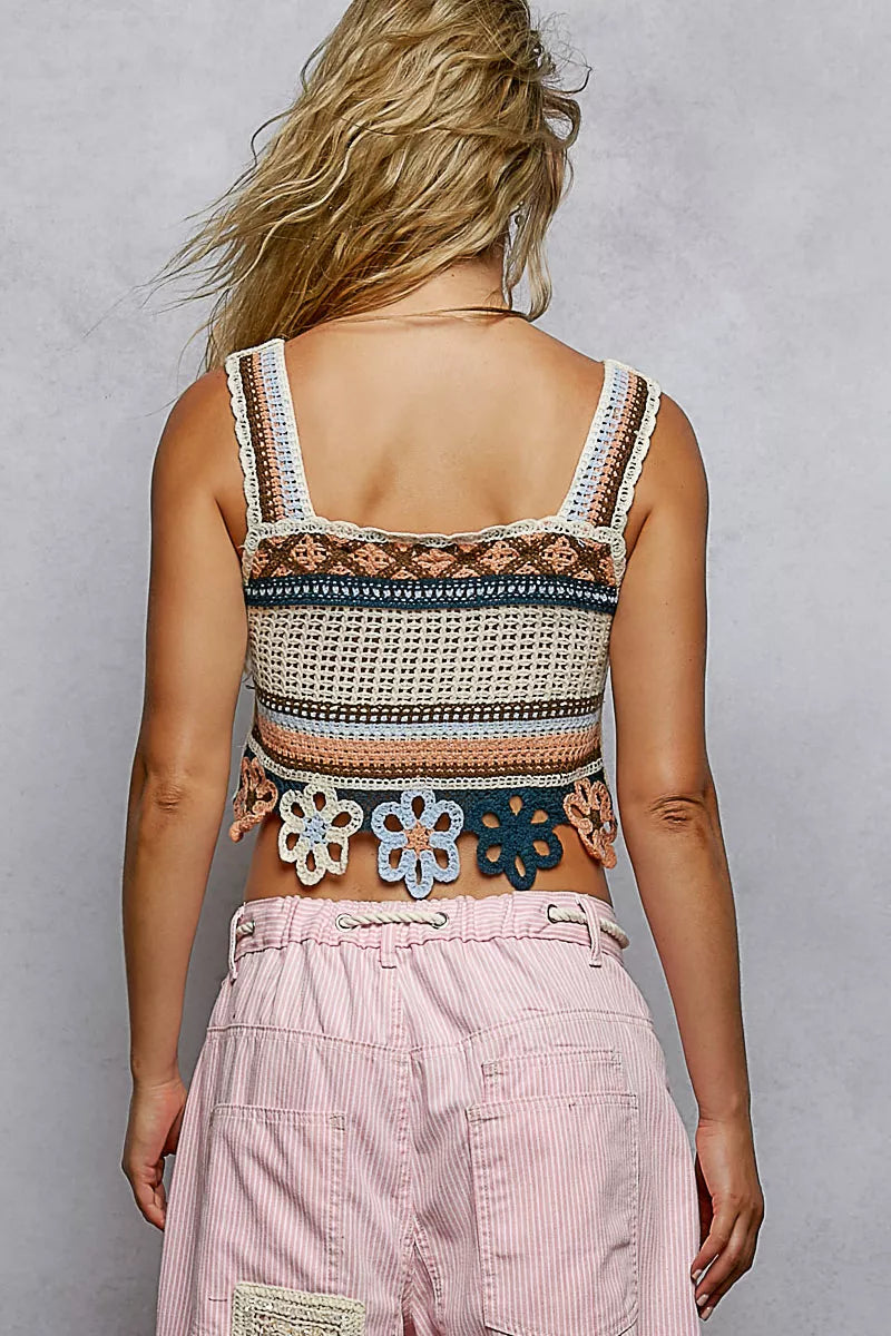 Cutout Flower Cropped Crochet Cami with with Dangle Detail