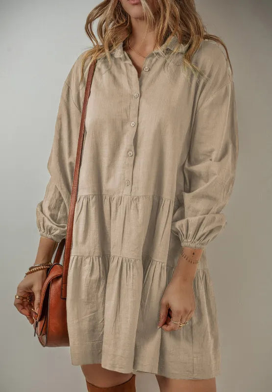 Tiered Collared Neck Balloon Sleeve Dress