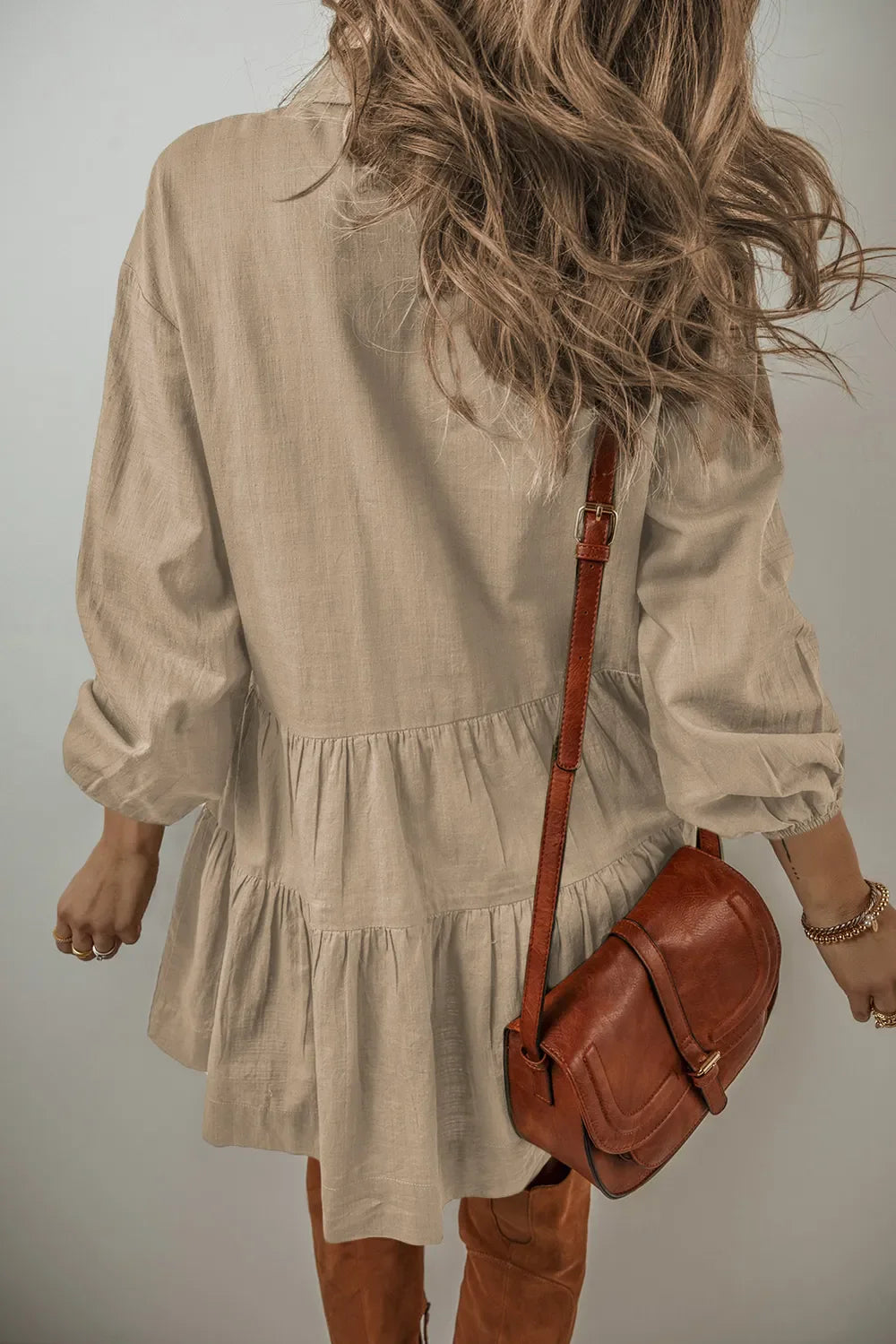 Tiered Collared Neck Balloon Sleeve Dress