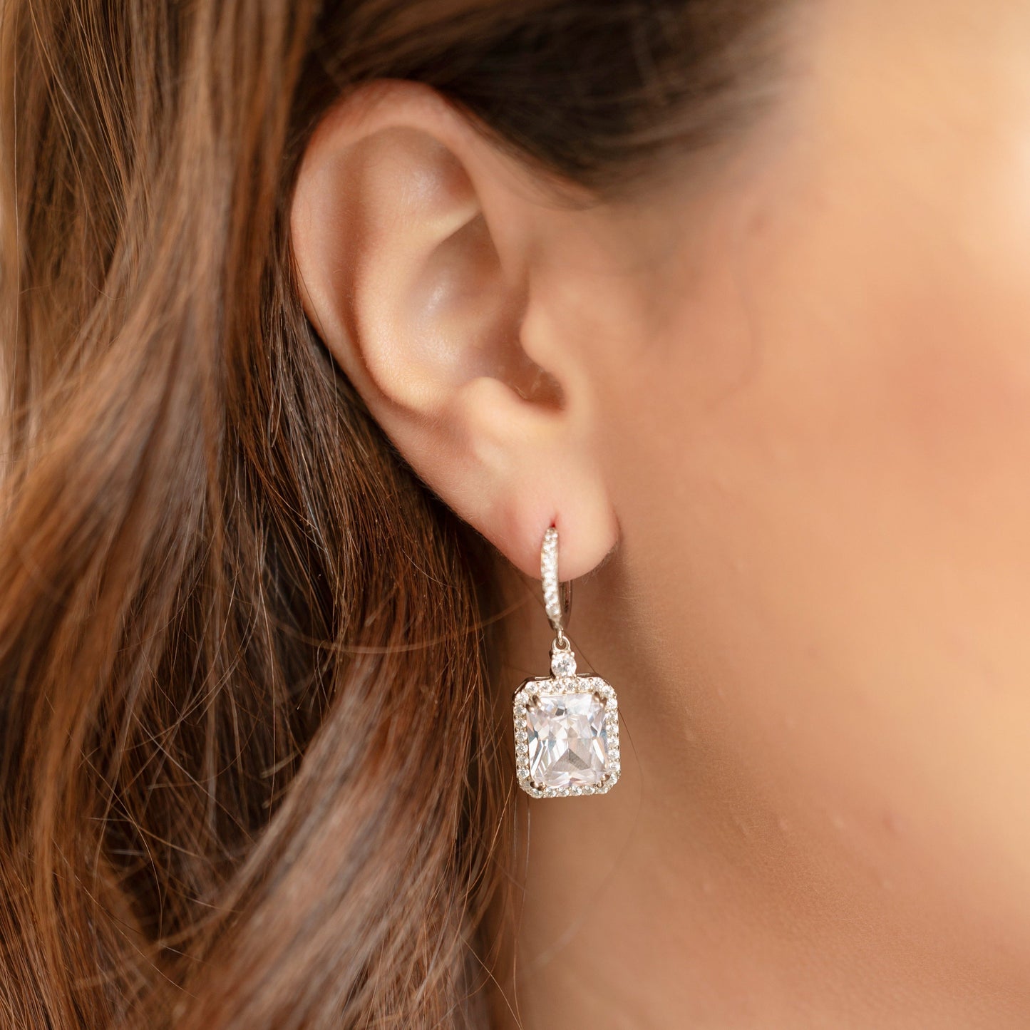 Emerald-cut Halo Earrings in Silver - Transitions Perfectly from Day to Night