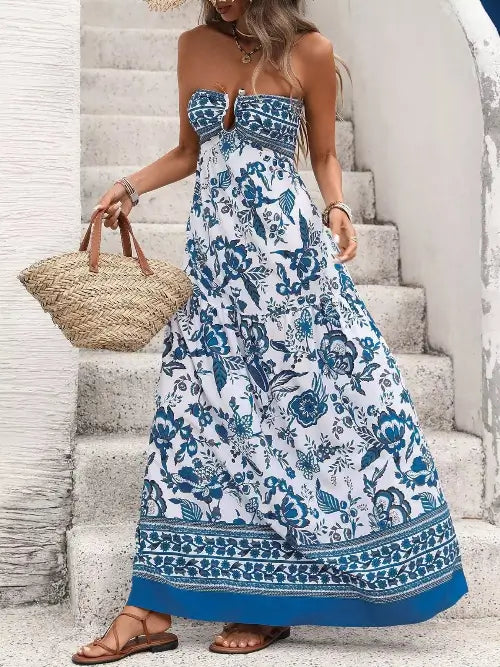 Floral Print Maxi Dress - Strapless Elegant Summer Style
