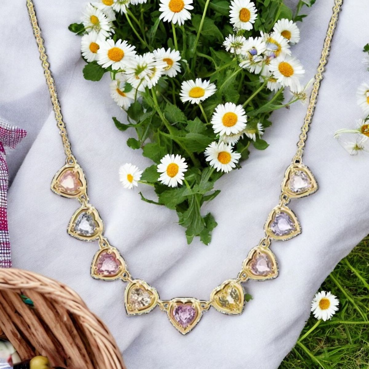 Hearts All Around Necklace - Colorful CZ Heart Charms | 14K Gold Plated Sterling Silver