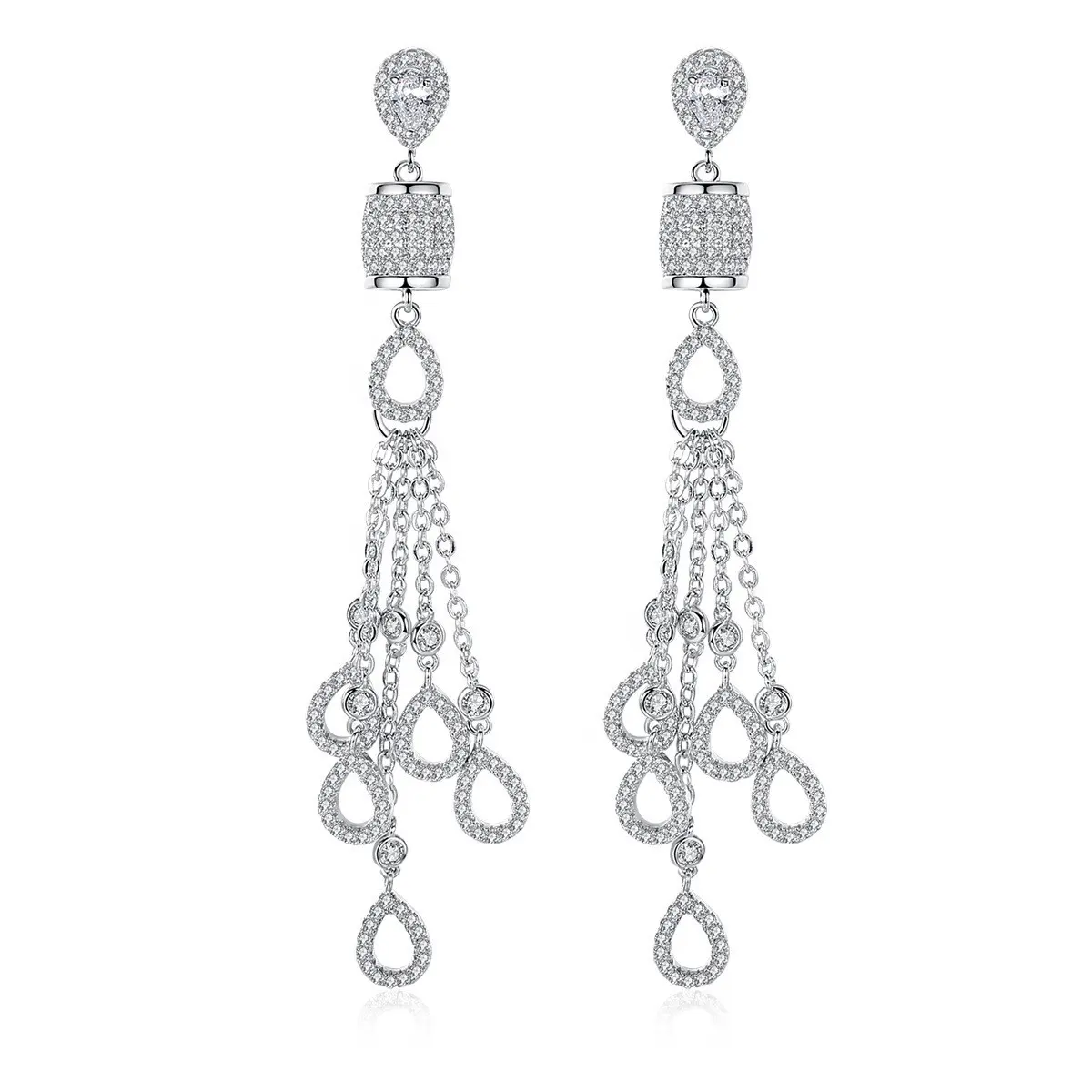 Shimmer Chandelier Earrings - Rhodium Plated 925 Silver Tassel Drop 7.5cm