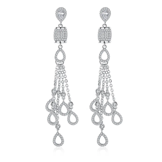 Shimmer Chandelier Earrings - Rhodium Plated 925 Silver Tassel Drop 7.5cm