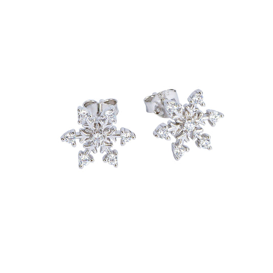 Starlette Snowflake Studs – Silver CZ Winter Earrings in Blue or White