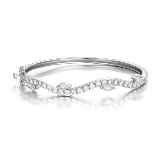 Wave Bracelet - Rhodium Plated Sterling Silver CZ Bangle 60mm