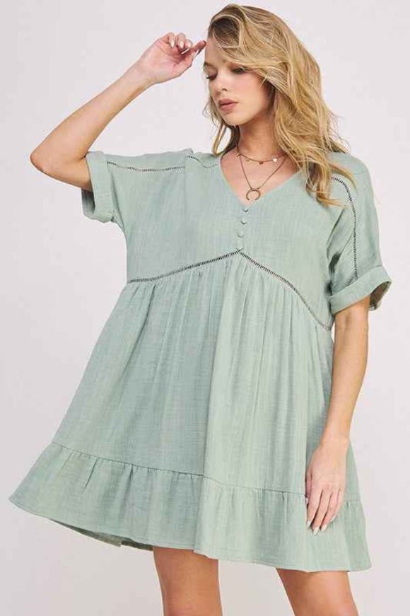 Textured Button‑Down V‑Neck Mini Dress