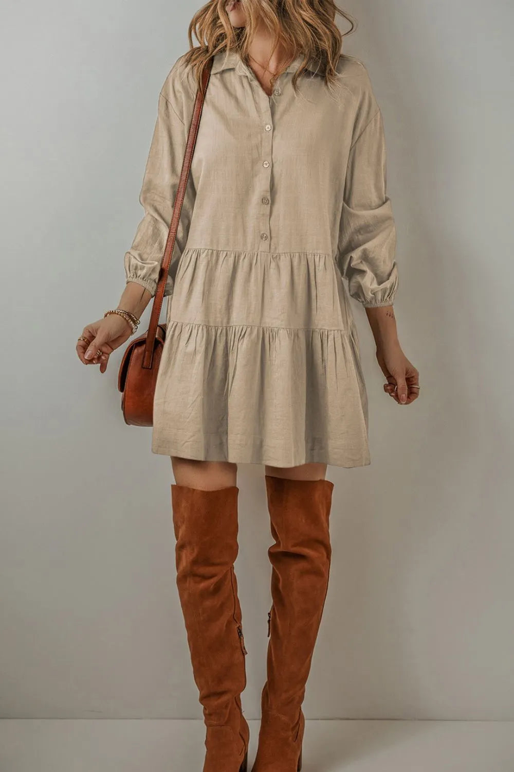 Tiered Collared Neck Balloon Sleeve Dress