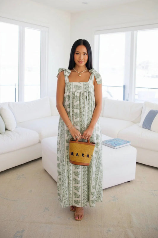 Printed Tie Shoulder Square Neck Midi Dress