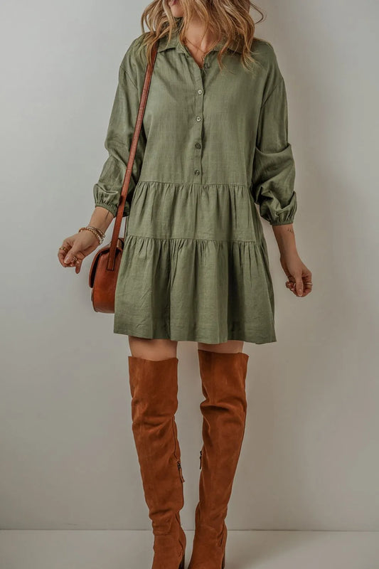 Tiered Collared Neck Balloon Sleeve Dress